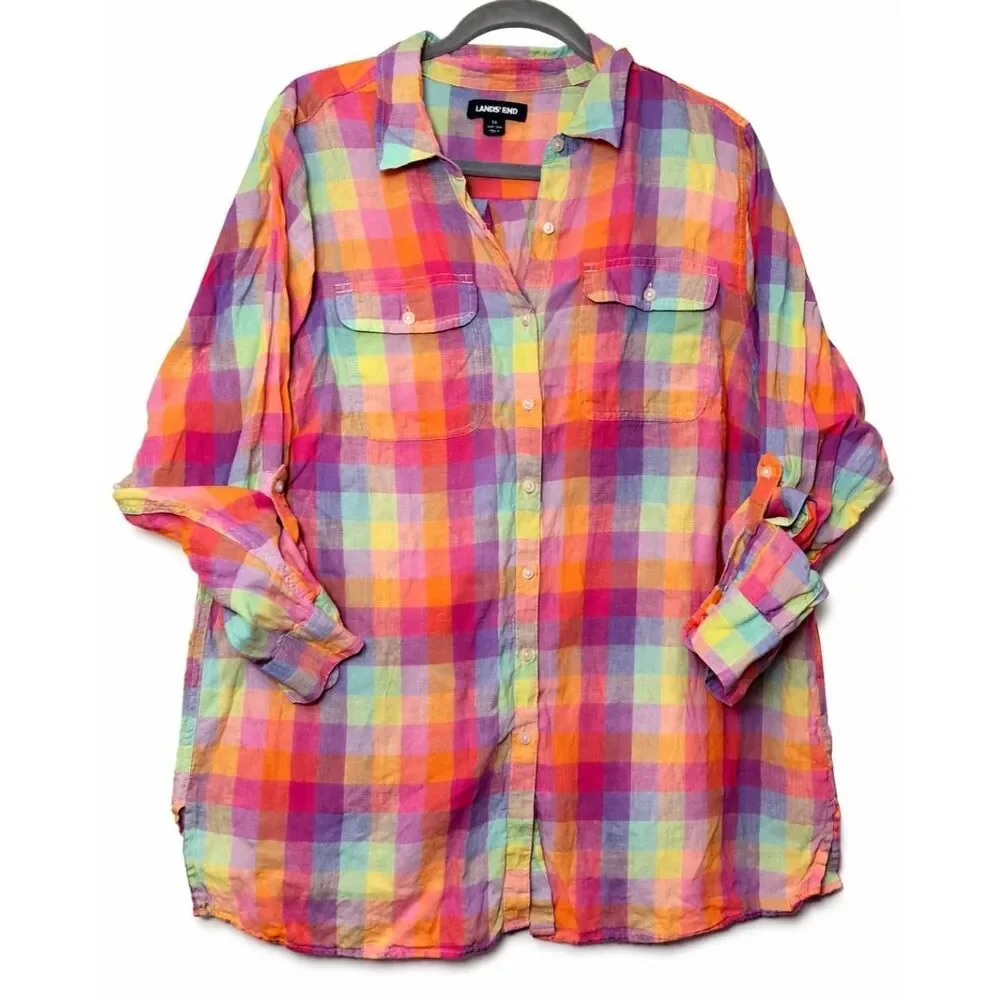Lands end womens 1xl tab sleeve 100% linen shirt blouse plaid pink yellow - Picture 2 of 10